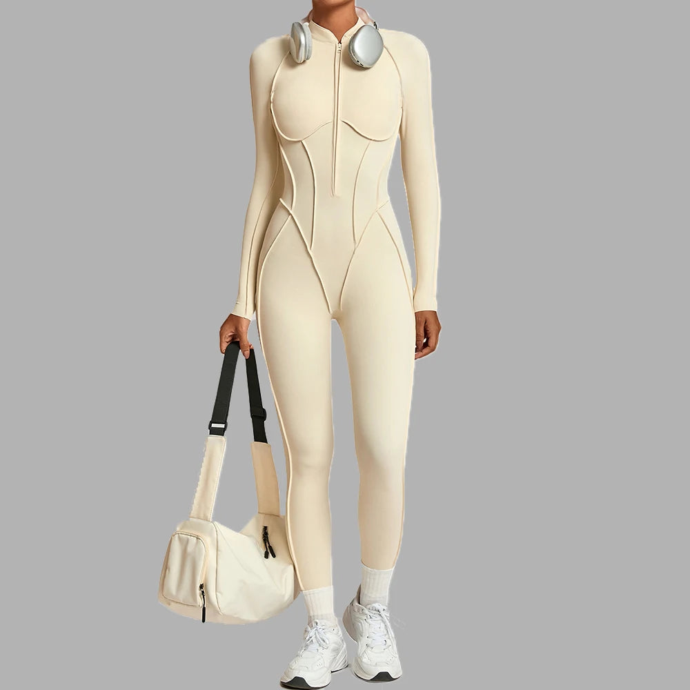 Women Yoga Fitness Bodysuits Sports Jumpsuit Zipper & Chest Cushion Gym One-Piece Female High Elasticity Gym Workout Bodysuits