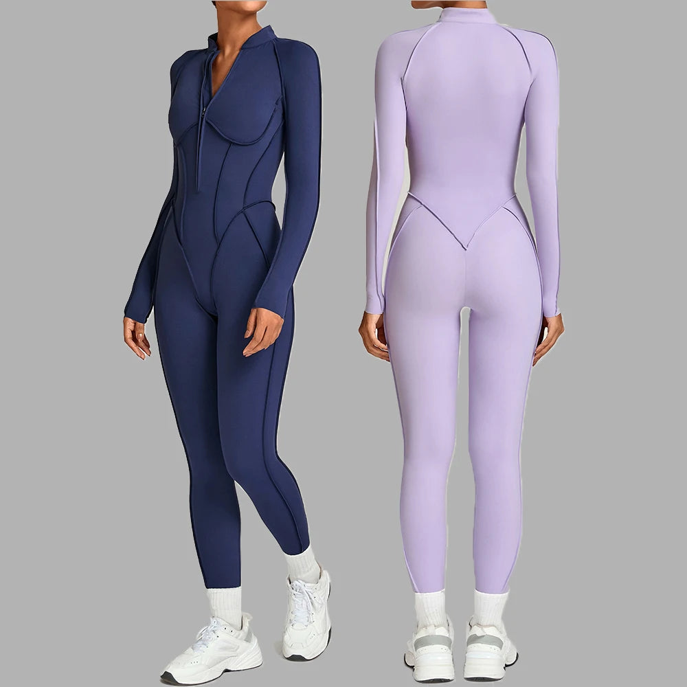 Women Yoga Fitness Bodysuits Sports Jumpsuit Zipper & Chest Cushion Gym One-Piece Female High Elasticity Gym Workout Bodysuits